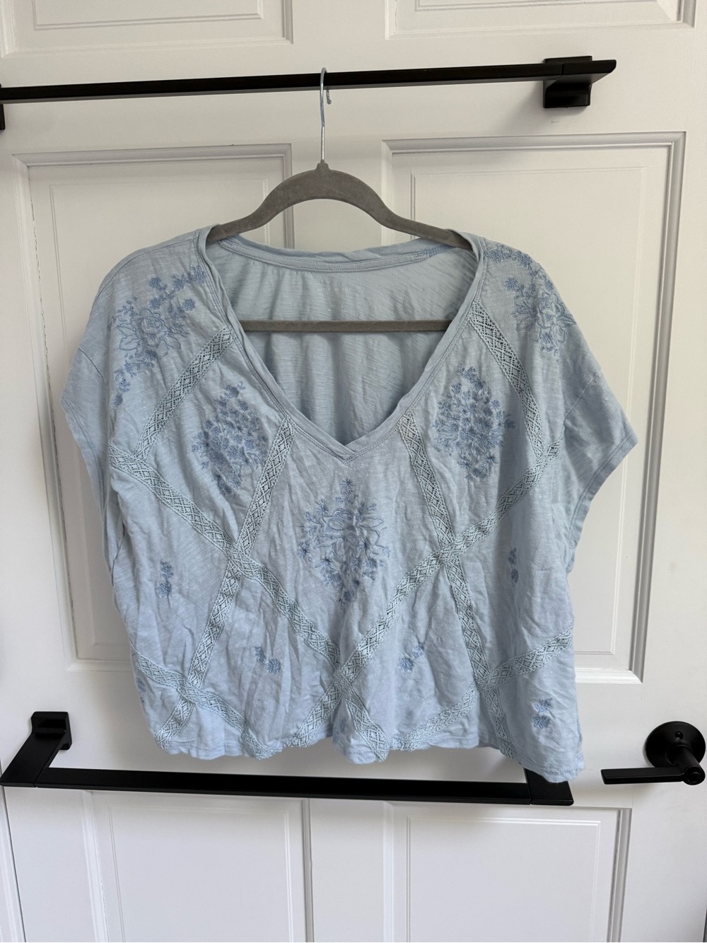 Anthropologie Pale Blue Embroidered V-Neck Top
